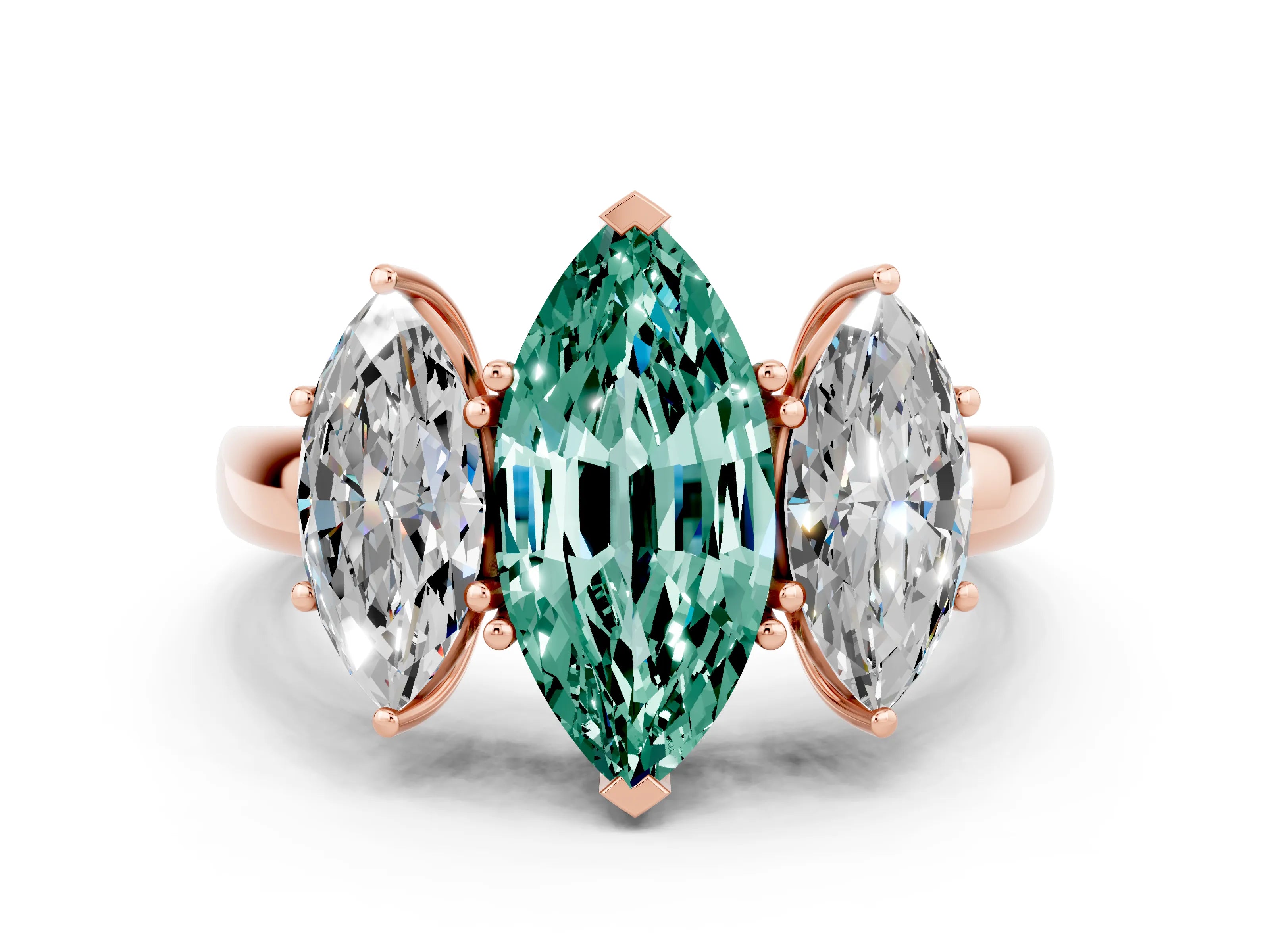 Rose gold Marquise Cut Green Sapphire Three-Stone Ring with Four-Prong Setting and Classic Band