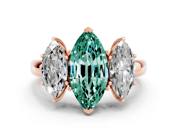 Rose gold Marquise Cut Green Sapphire Three-Stone Ring with Four-Prong Setting and Classic Band