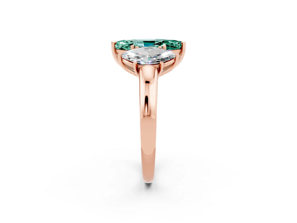 Rose gold Marquise Cut Green Sapphire Three-Stone Ring with Four-Prong Setting and Classic Band