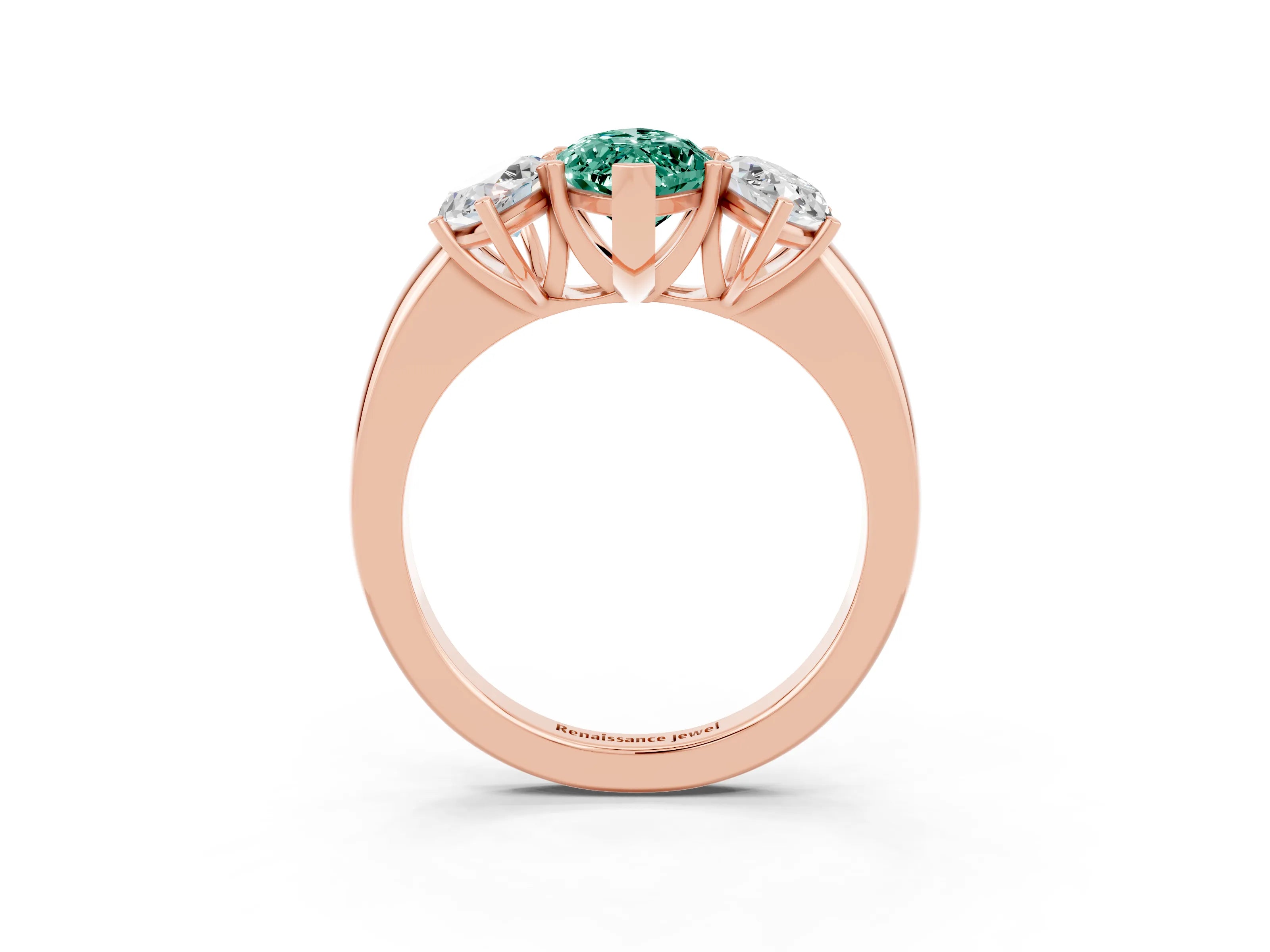 Rose gold Marquise Cut Green Sapphire Three-Stone Ring with Four-Prong Setting and Classic Band_3