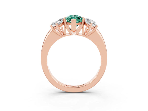 Rose gold Marquise Cut Green Sapphire Three-Stone Ring with Four-Prong Setting and Classic Band