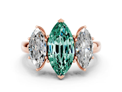 Rose gold Marquise Cut Green Sapphire Three-Stone Ring with Four-Prong Setting and Classic Band
