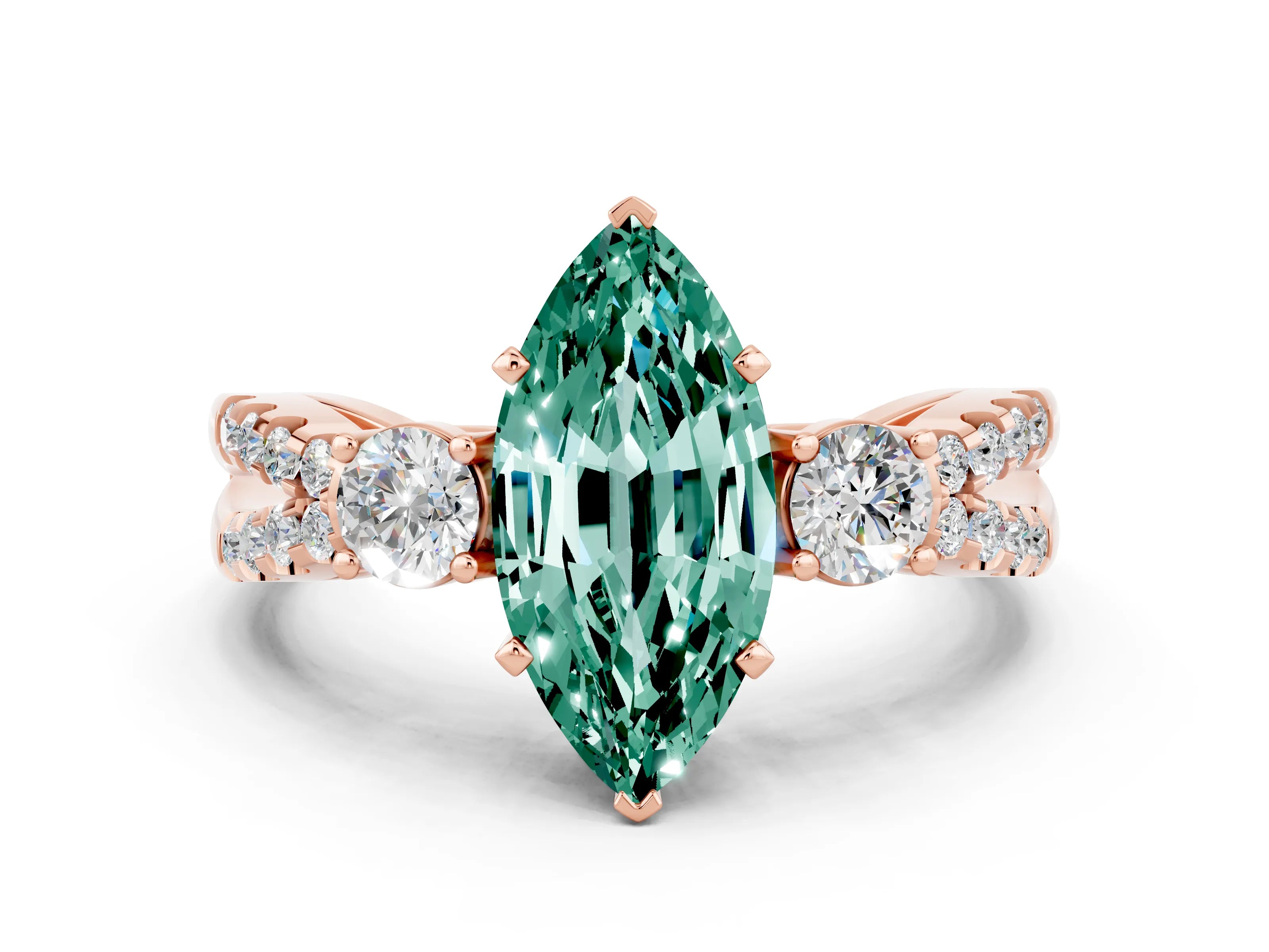 Rose gold Marquise Cut Green Sapphire Three-Stone Ring with Pavé Split Shank and Four-Prong Setting_12