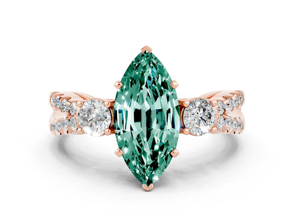 Rose gold Marquise Cut Green Sapphire Three-Stone Ring with Pavé Split Shank and Four-Prong Setting