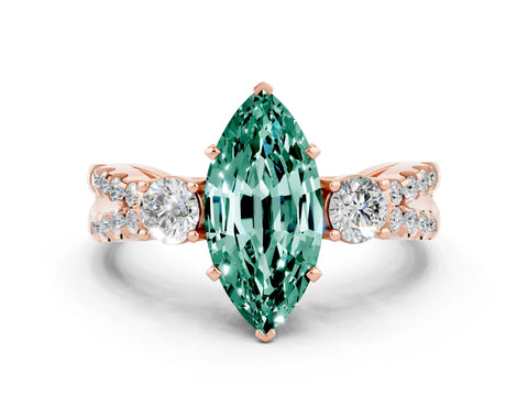 Rose gold Marquise Cut Green Sapphire Three-Stone Ring with Pavé Split Shank and Four-Prong Setting_12