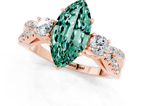 Rose gold Marquise Cut Green Sapphire Three-Stone Ring with Pavé Split Shank and Four-Prong Setting_13