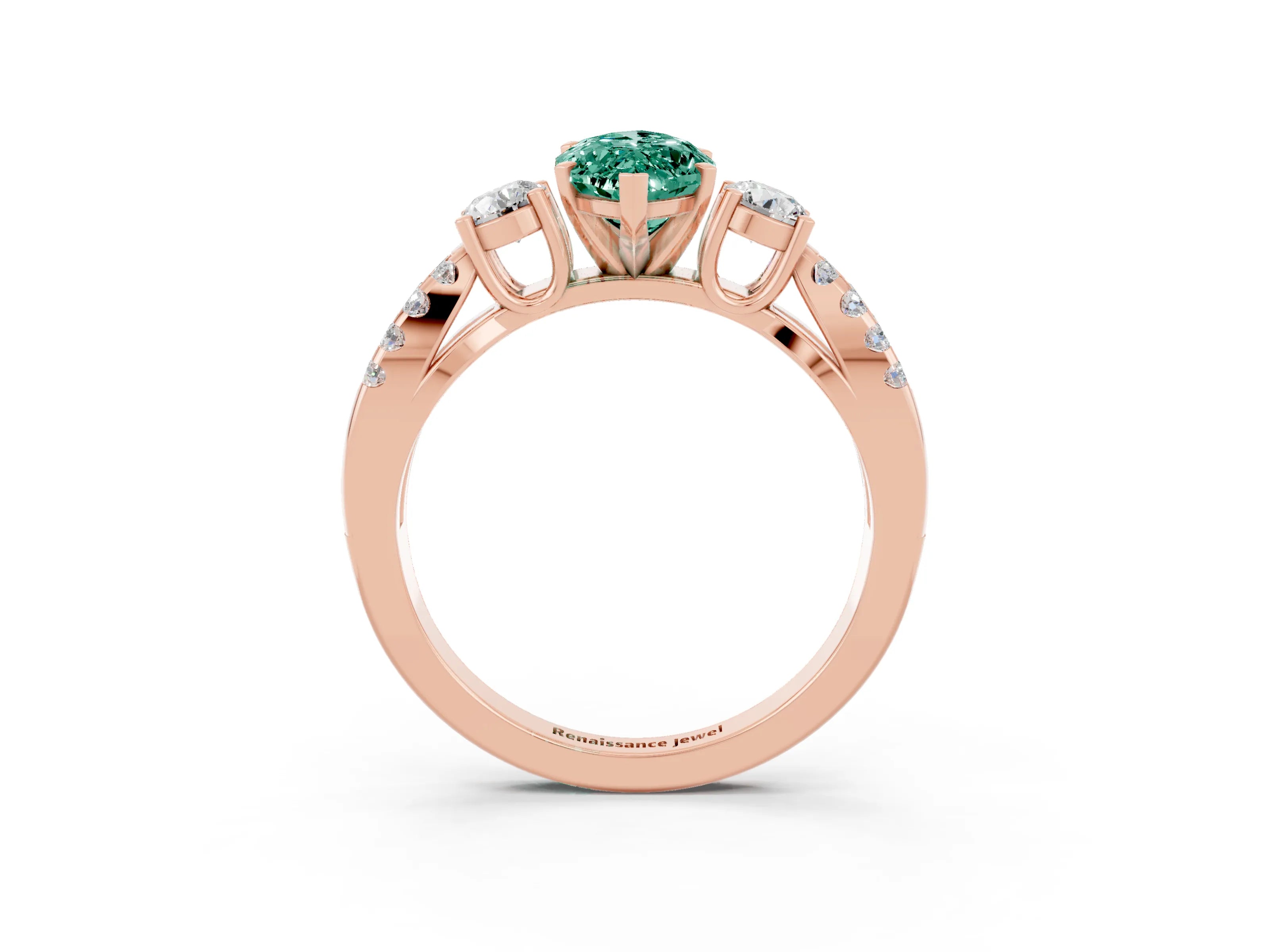 Rose gold Marquise Cut Green Sapphire Three-Stone Ring with Pavé Split Shank and Four-Prong Setting_15