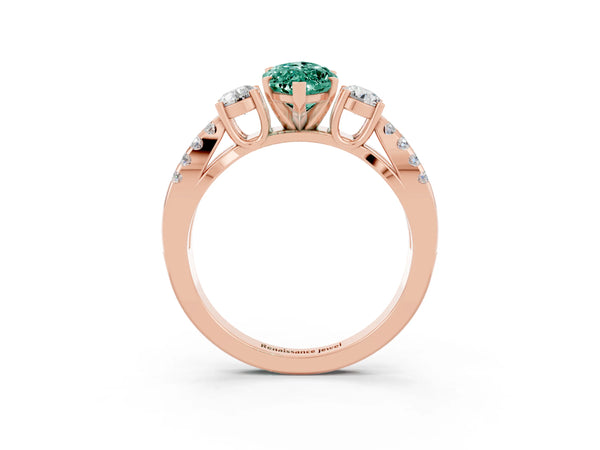 Rose gold Marquise Cut Green Sapphire Three-Stone Ring with Pavé Split Shank and Four-Prong Setting