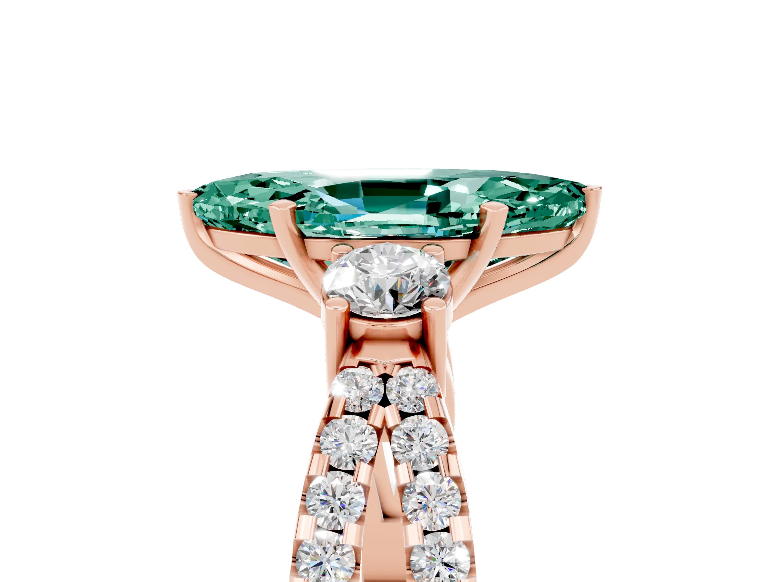 Rose gold Marquise Cut Green Sapphire Three-Stone Ring with Pavé Split Shank and Four-Prong Setting_17