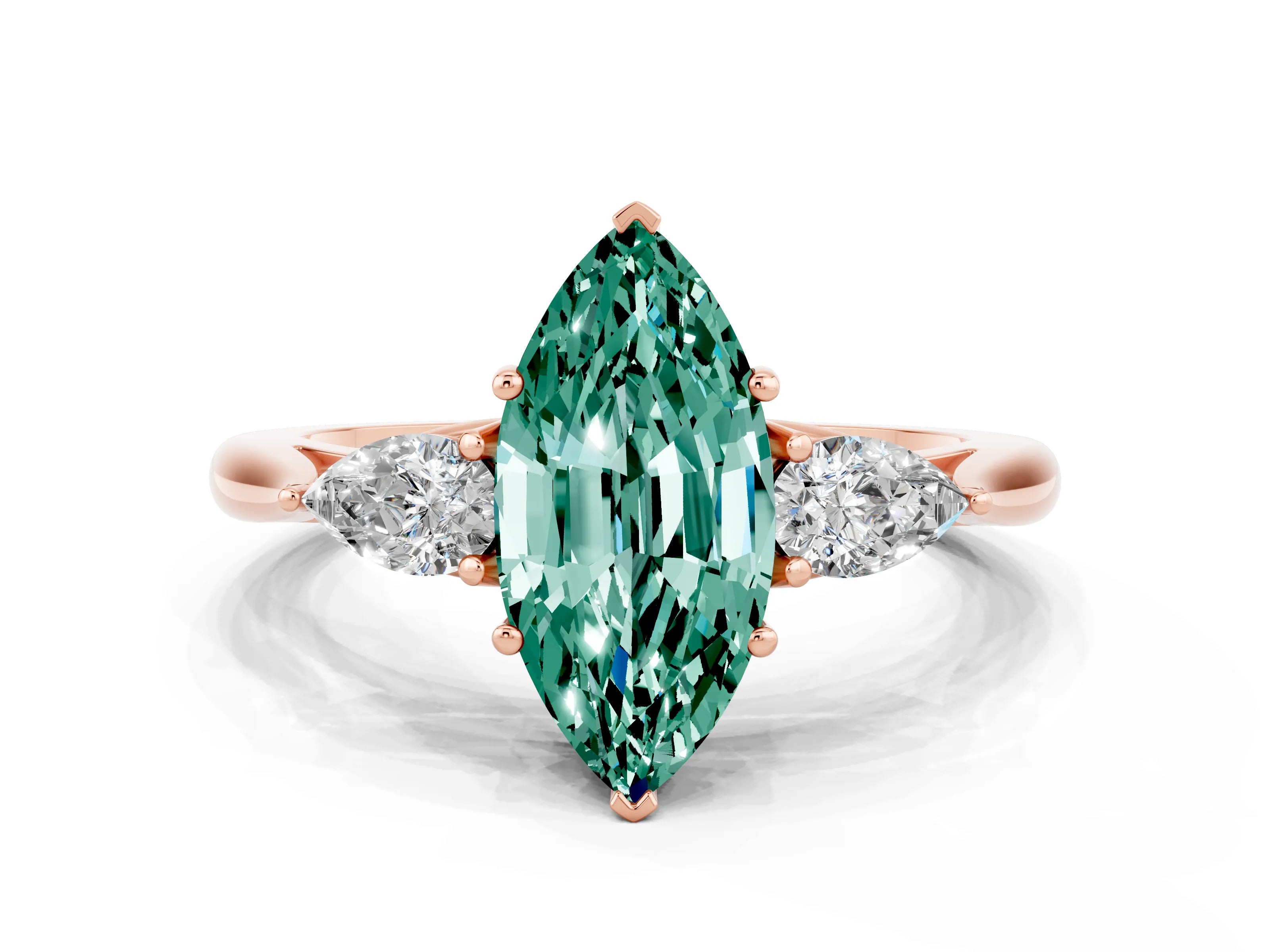 Rose gold Marquise Cut Green Sapphire Three-Stone Ring with Pear Side Stones and Four-Prong Setting_12