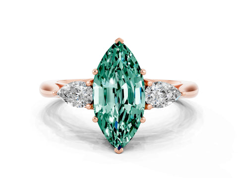Rose gold Marquise Cut Green Sapphire Three-Stone Ring with Pear Side Stones and Four-Prong Setting_12