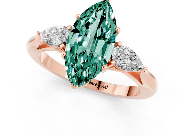 Rose gold Marquise Cut Green Sapphire Three-Stone Ring with Pear  Side Stones and Prong Setting