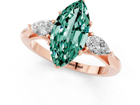 Rose gold Marquise Cut Green Sapphire Three-Stone Ring with Pear Side Stones and Four-Prong Setting_13