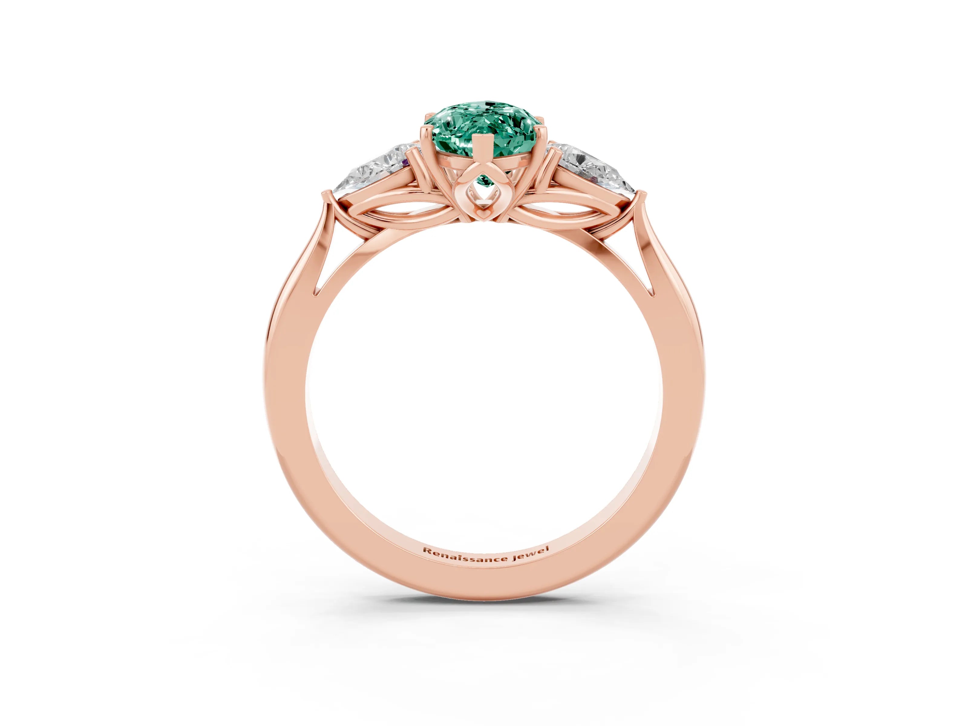 Rose gold Marquise Cut Green Sapphire Three-Stone Ring with Pear Side Stones and Four-Prong Setting_15