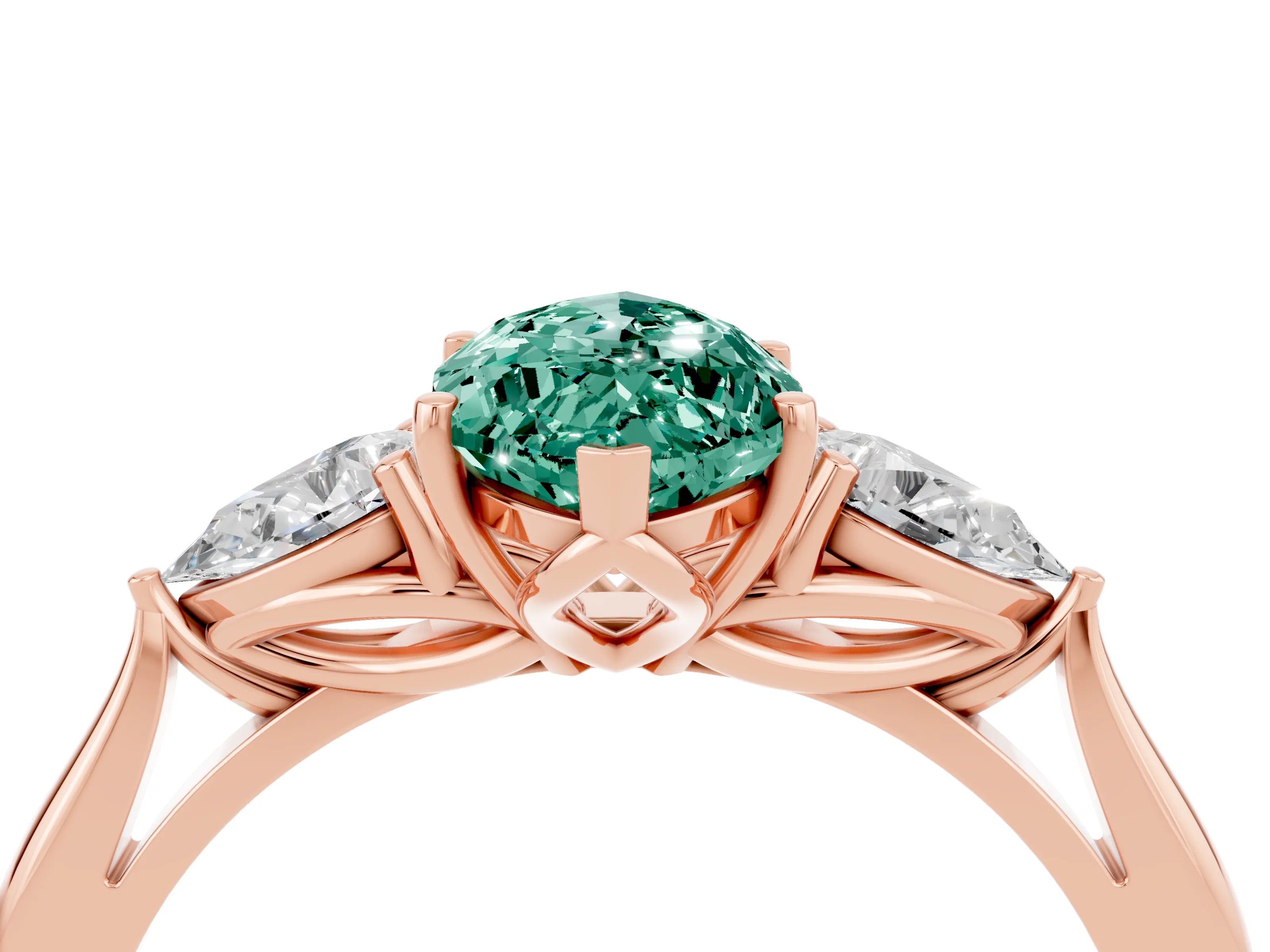 Rose gold Marquise Cut Green Sapphire Three-Stone Ring with Pear Side Stones and Four-Prong Setting_16