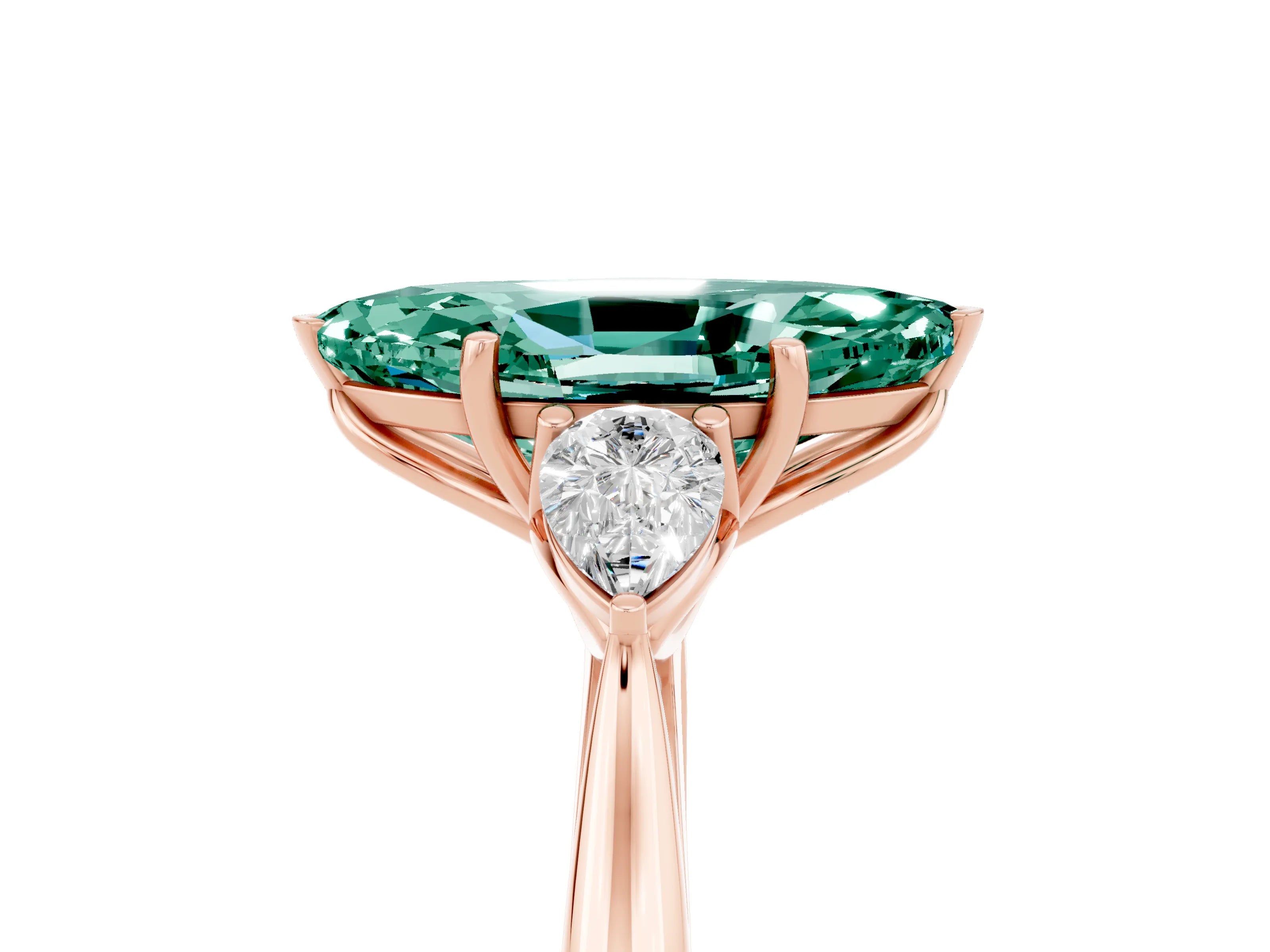 Rose gold Marquise Cut Green Sapphire Three-Stone Ring with Pear Side Stones and Four-Prong Setting_17