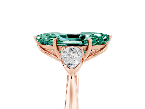 Rose gold Marquise Cut Green Sapphire Three-Stone Ring with Pear Side Stones and Four-Prong Setting_17