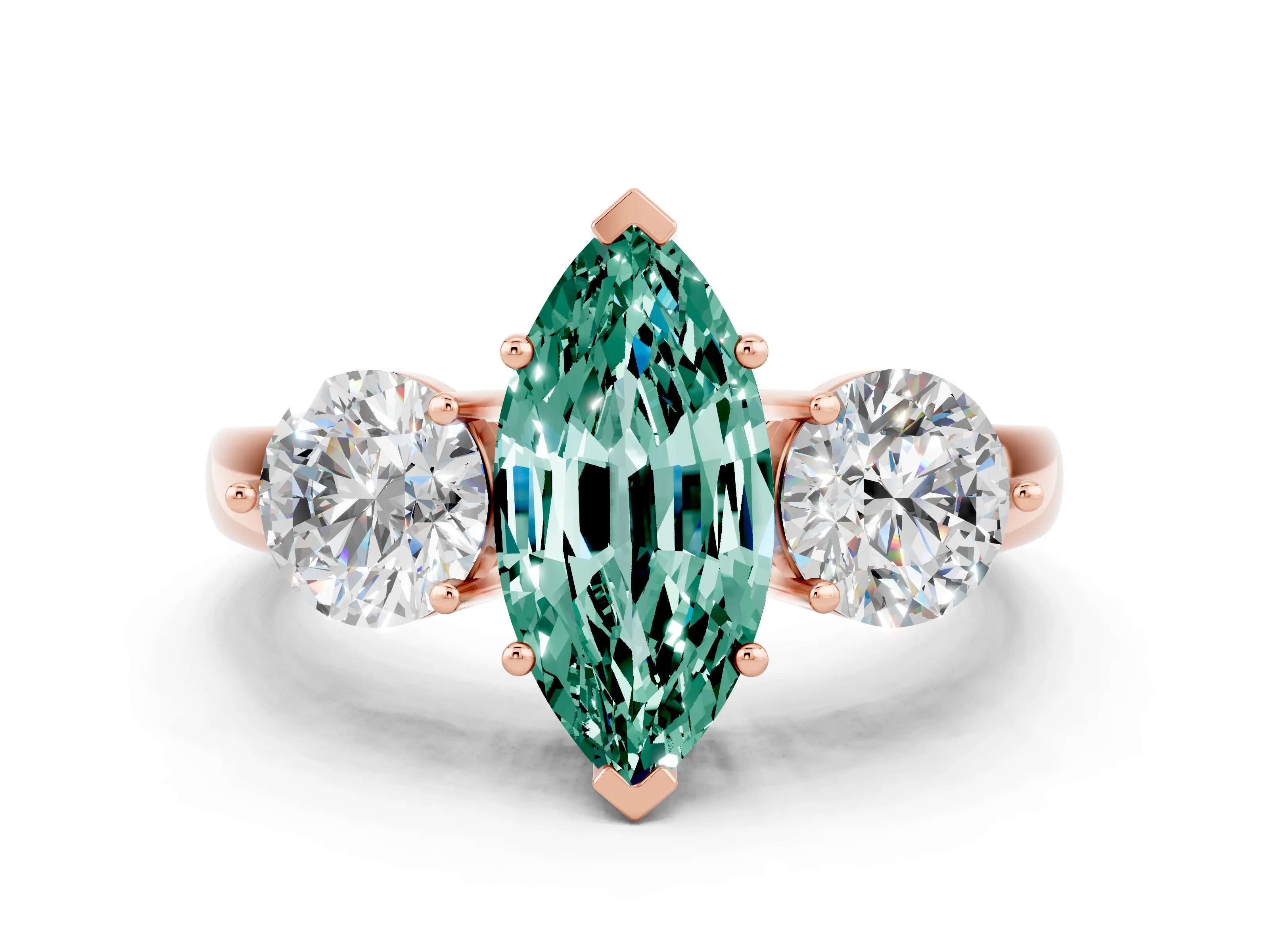 Rose gold Marquise Cut Green Sapphire Three-Stone Ring with Prong Setting and Classic Band