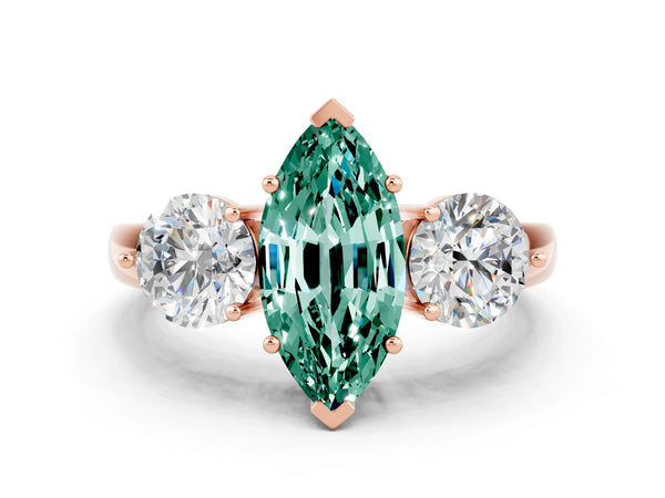 Rose gold Marquise Cut Green Sapphire Three-Stone Ring with Prong Setting and Classic Band