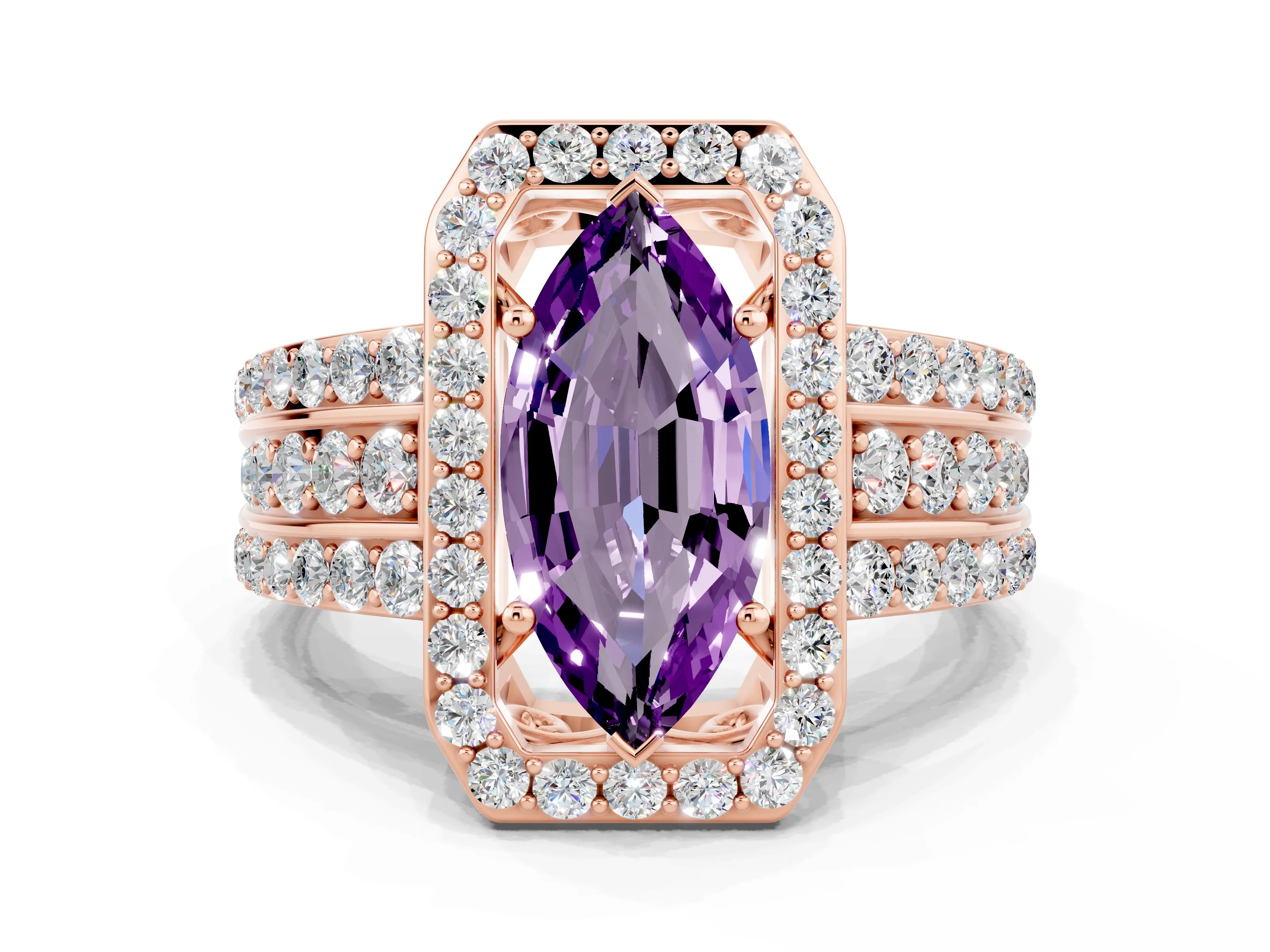 Rose gold Marquise Cut Halo Amethyst Ring with Split Shank and Four-Prong Setting