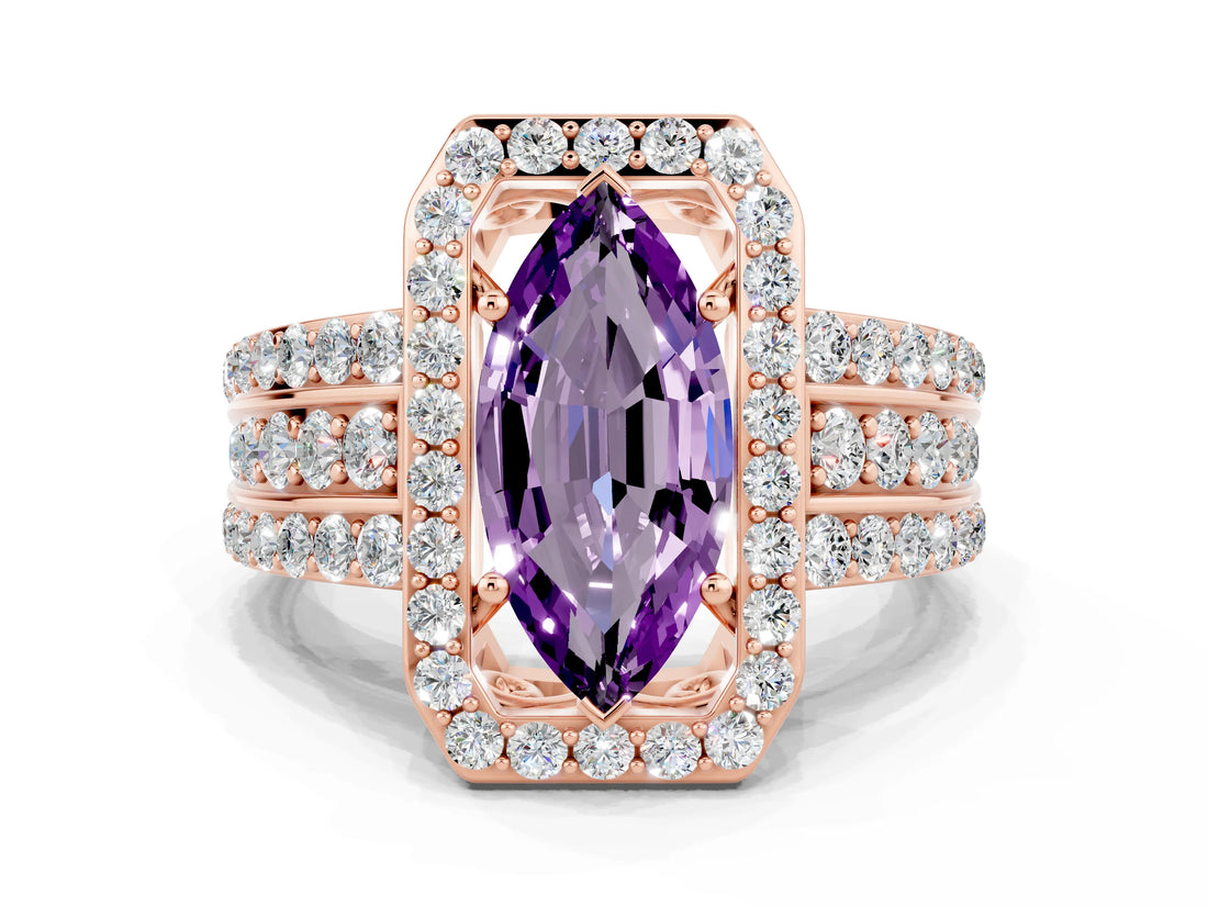 Rose gold Marquise Cut Halo Amethyst Ring with Split Shank and Four-Prong Setting