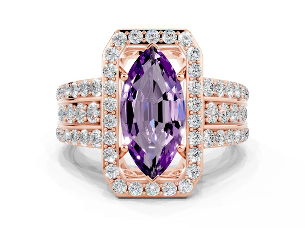Rose gold Marquise Cut Halo Amethyst Ring with Round  Split Shank and Prong Setting