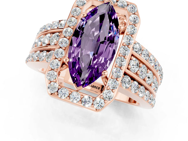 Rose gold Marquise Cut Halo Amethyst Ring with Round  Split Shank and Prong Setting