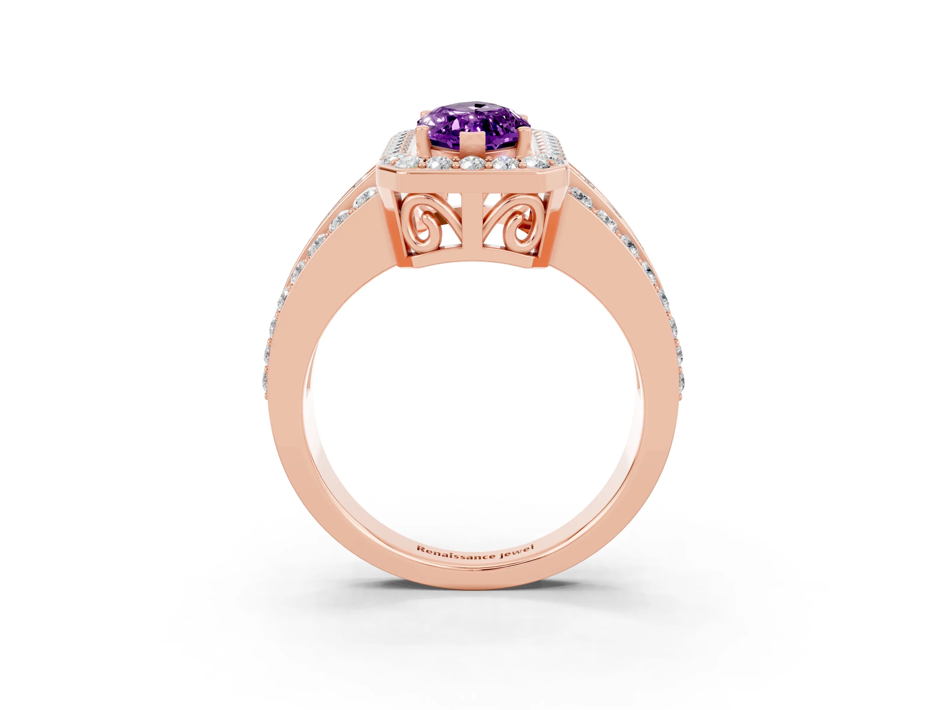 Rose gold Marquise Cut Halo Amethyst Ring with Split Shank and Four-Prong Setting_3