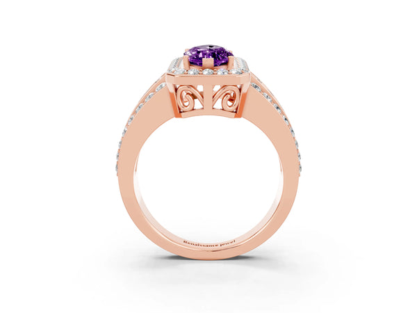 Rose gold Marquise Cut Halo Amethyst Ring with Round  Split Shank and Prong Setting