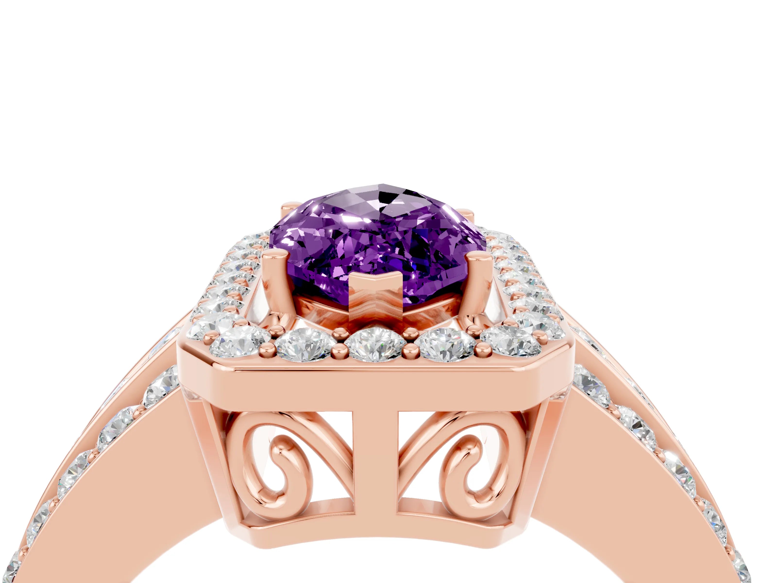 Rose gold Marquise Cut Halo Amethyst Ring with Split Shank and Four-Prong Setting_4