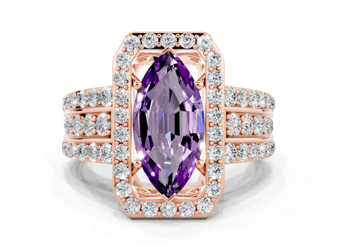 Rose gold Marquise Cut Halo Amethyst Ring with Split Shank and Four-Prong Setting
