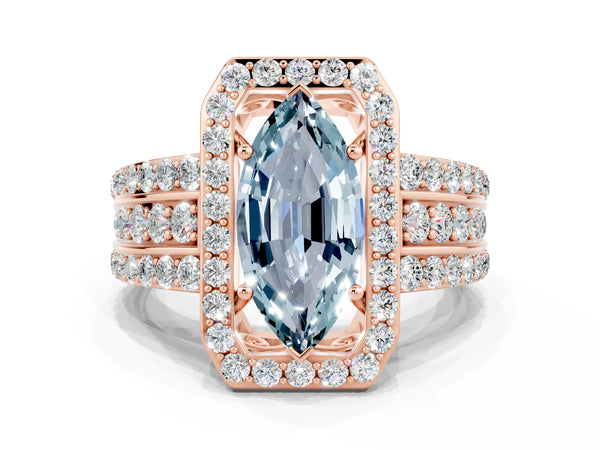 Rose gold Marquise Cut Halo Aquamarine Ring with Round  Split Shank and Prong Setting
