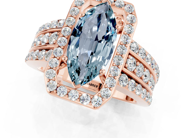 Rose gold Marquise Cut Halo Aquamarine Ring with Round  Split Shank and Prong Setting
