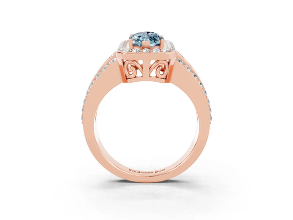 Rose gold Marquise Cut Halo Aquamarine Ring with Round  Split Shank and Prong Setting