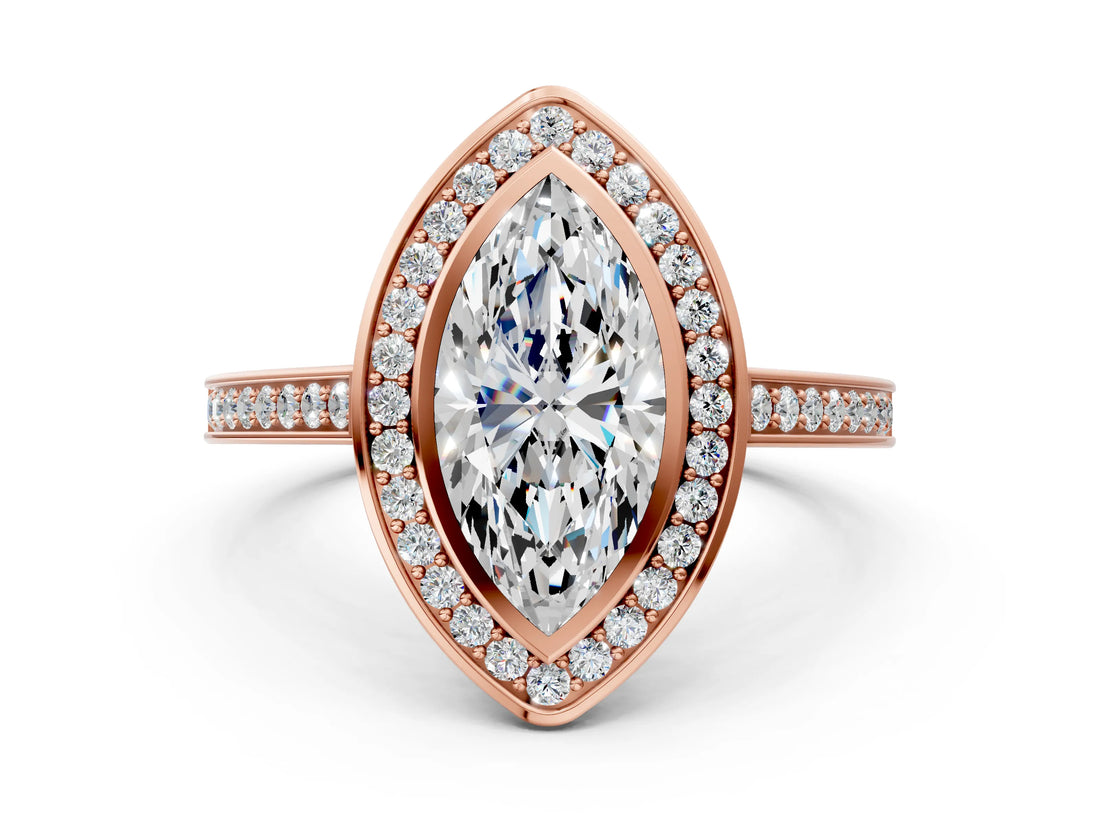 Rose gold Marquise Cut Halo Bezel Diamond Pave Band Ring_9