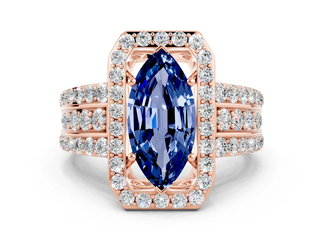 Rose gold Marquise Cut Halo Blue Sapphire Ring with Split Shank and Four-Prong Setting