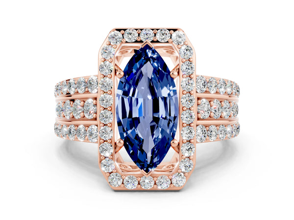 Rose gold Marquise Cut Halo Blue Sapphire Ring with Round  Split Shank and Prong Setting