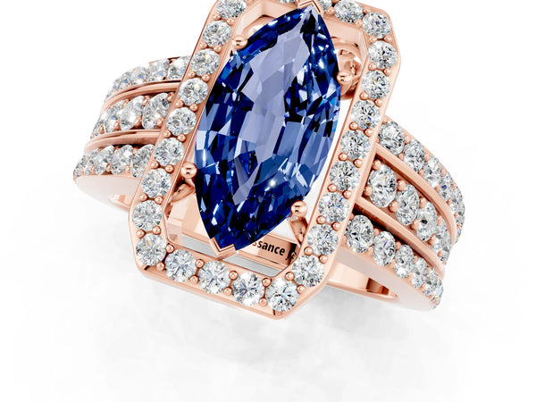 Rose gold Marquise Cut Halo Blue Sapphire Ring with Round  Split Shank and Prong Setting