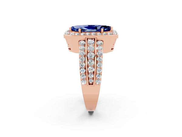 Rose gold Marquise Cut Halo Blue Sapphire Ring with Round  Split Shank and Prong Setting