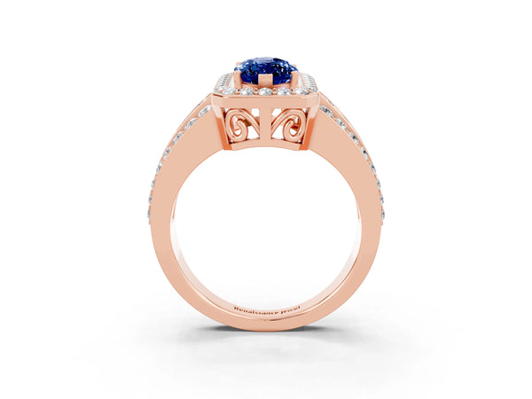 Rose gold Marquise Cut Halo Blue Sapphire Ring with Round  Split Shank and Prong Setting