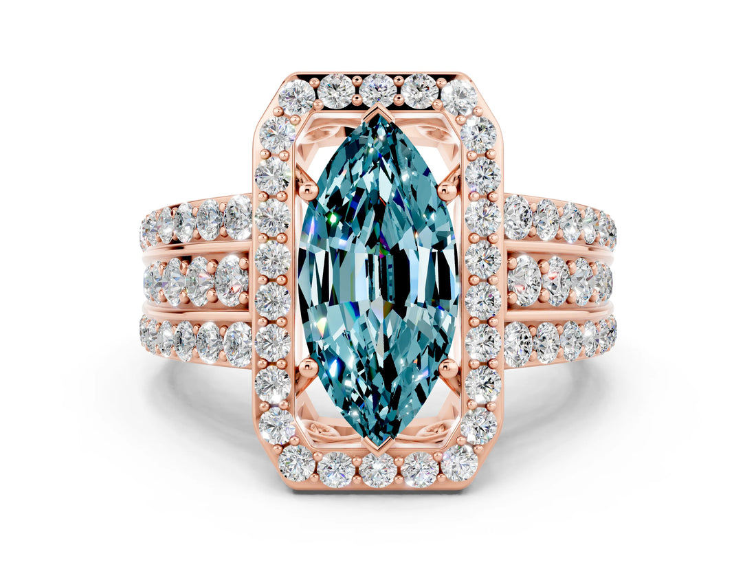 Rose gold Marquise Cut Halo Blue Topaz Ring with Split Shank and Four-Prong Setting