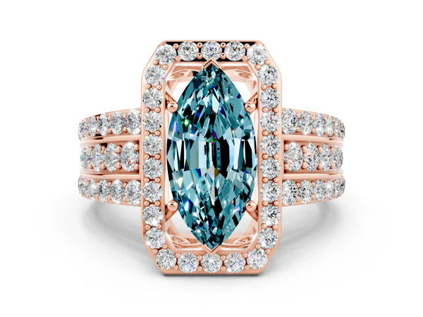 Rose gold Marquise Cut Halo Blue Topaz Ring with Round  Split Shank and Prong Setting