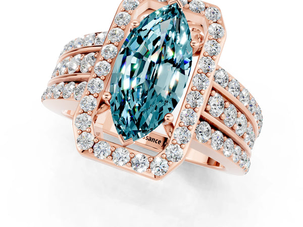 Rose gold Marquise Cut Halo Blue Topaz Ring with Round  Split Shank and Prong Setting