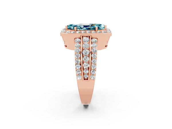 Rose gold Marquise Cut Halo Blue Topaz Ring with Round  Split Shank and Prong Setting
