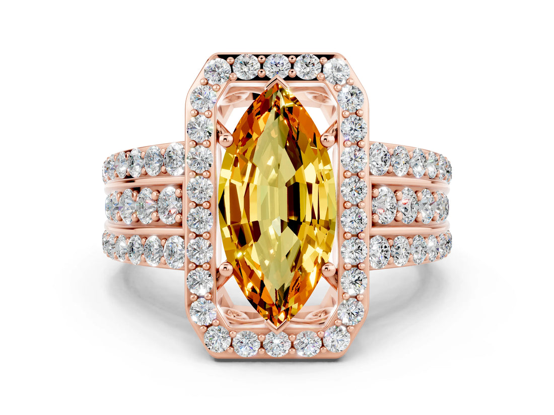 Rose gold Marquise Cut Halo Citrine Ring with Split Shank and Four-Prong Setting