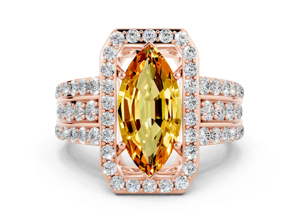 Rose gold Marquise Cut Halo Citrine Ring with Round  Split Shank and Prong Setting