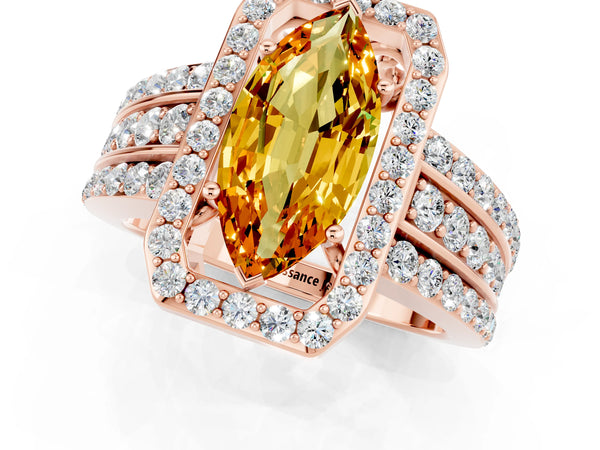 Rose gold Marquise Cut Halo Citrine Ring with Round  Split Shank and Prong Setting