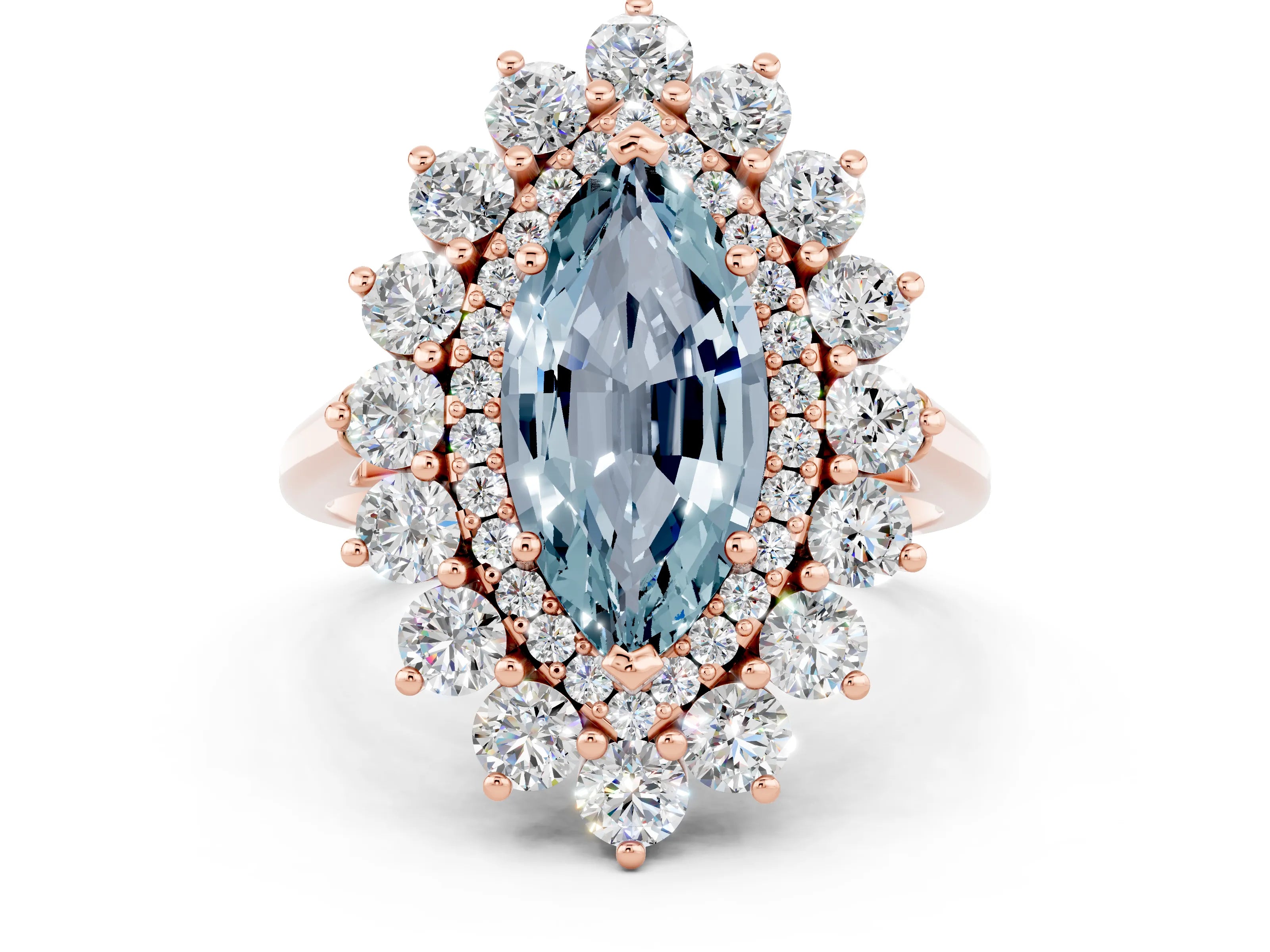 Rose gold Marquise Cut Halo Cluster Diamond Ring with Pave Band and Four-Prong Setting_12