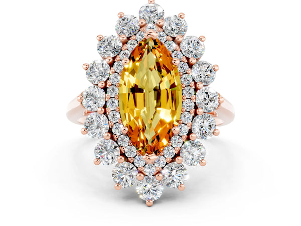 Rose gold Marquise Cut Citrine Floral Double Halo Engagement Ring with Prong Setting