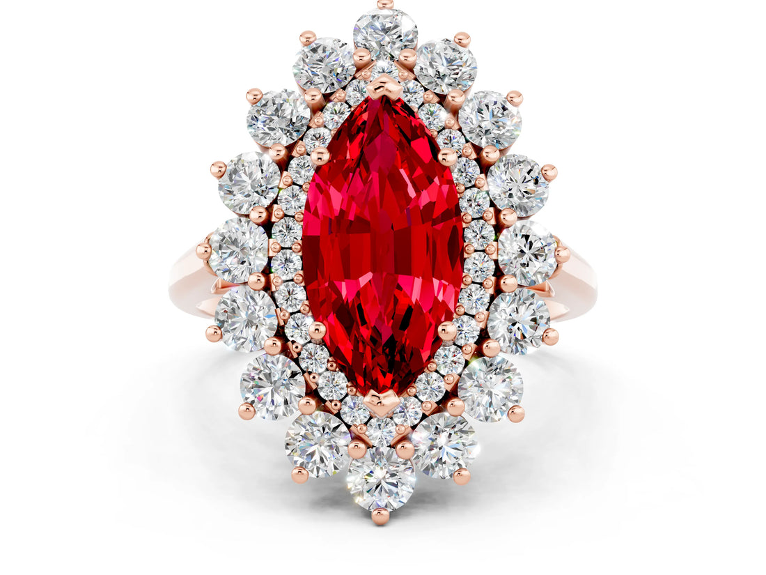 Rose gold Marquise Cut Halo Cluster Diamond Ring with Pave Band and Four-Prong Setting_12